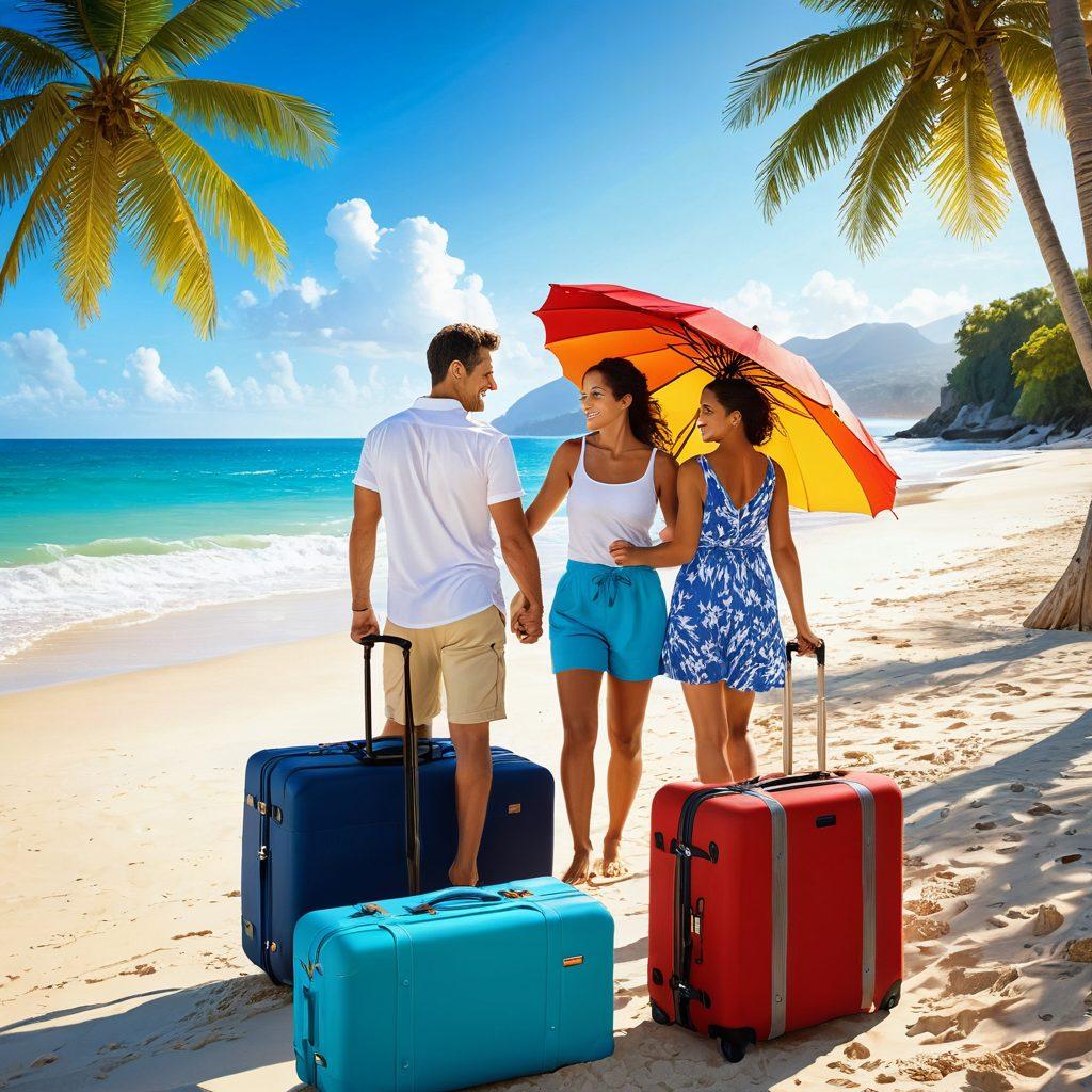 A serene holiday scene featuring a happy family enjoying a tropical beach, with colorful beach umbrellas and luggage in the background, symbolizing leisure and travel protection. Overlay icons of insurance symbols like shields and check marks subtly incorporated into the sky. Soft golden sunlight illuminating the scene, evoking a sense of safety and comfort during vacations. artistic painting. vibrant colors.