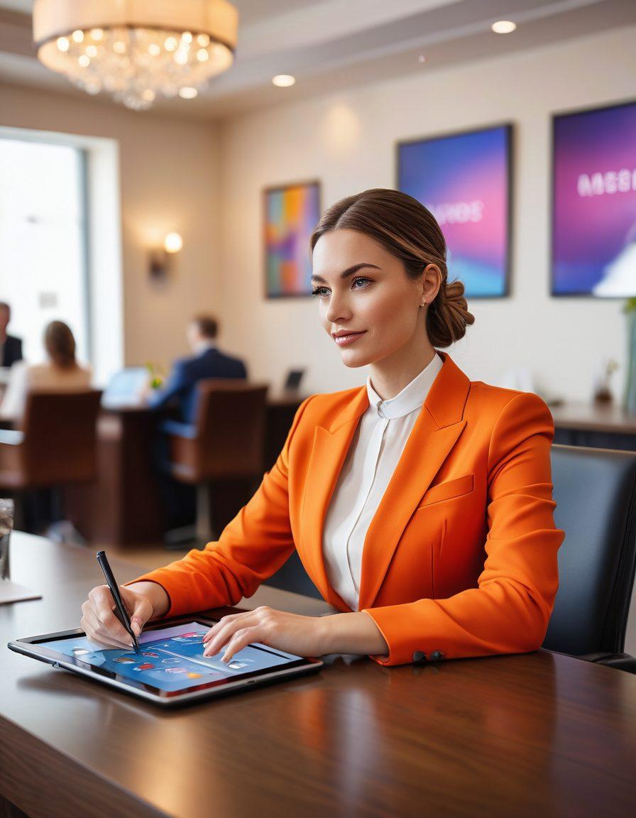 An elegant insurance agent sitting at a desk with a digital tablet, surrounded by visual illustrations of guest policies, event protection icons, and a diversified range of events like weddings, corporate gatherings, and parties. The background features a soft focus of formal event setups with vibrant colors. Style: super-realistic, vibrant colors, professional layout.