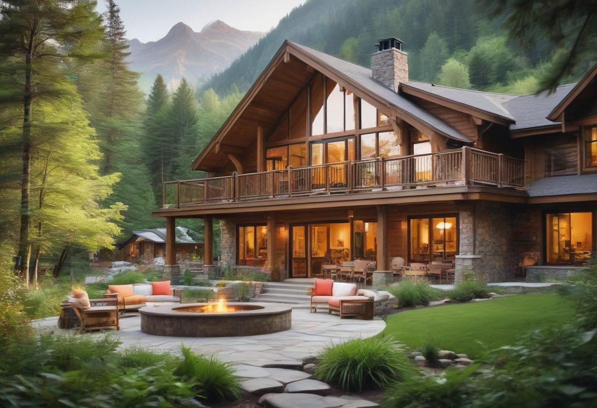 A serene vacation setting featuring a luxurious lodge surrounded by lush greenery and mountains, with visible safety measures like fire extinguishers and first-aid kits. A family enjoys leisure activities, demonstrating safety and relaxation, while a checklist highlighting safety tips subtly overlays the image. The scene emits a warm, inviting atmosphere. super-realistic. vibrant colors. soft focus.